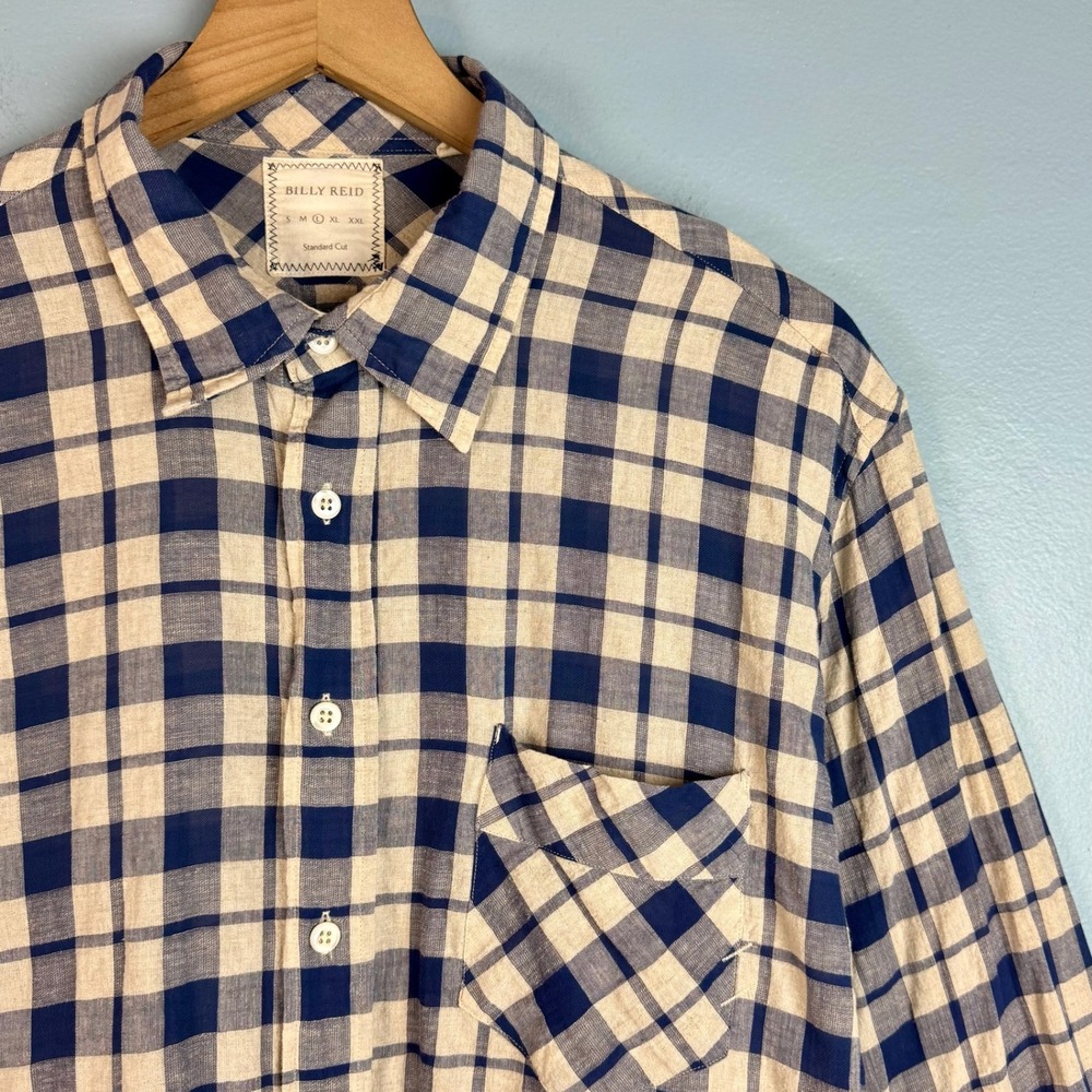 Billy Reid Mens Large Blue Cream Plaid Linen Blend Button Up Standard Cut Shirt